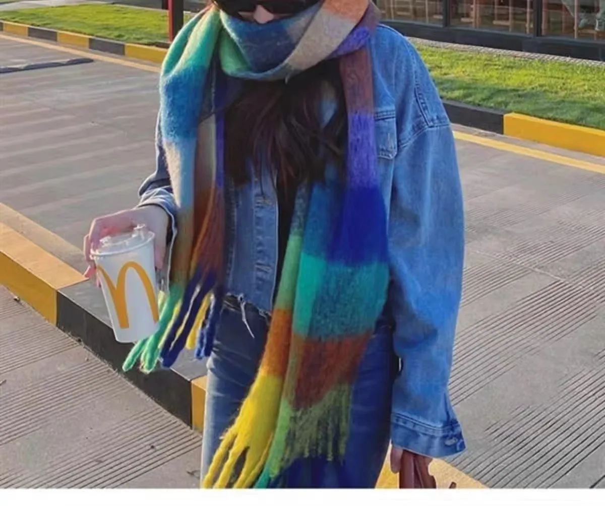 Rainbow Scarf Women's Winter Shawl Couple's Colorful Plaid Warm Thickened  Trendy Cute Girl Student display picture 4