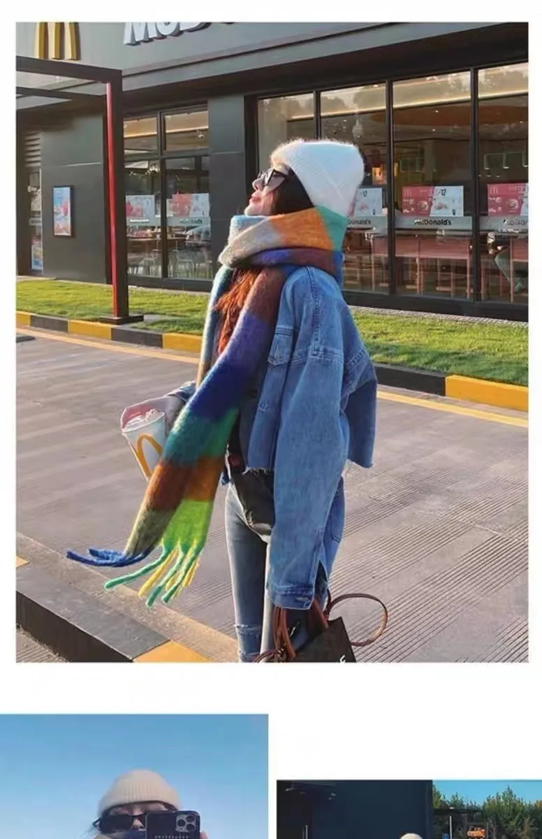 Rainbow Scarf Women's Winter Shawl Couple's Colorful Plaid Warm Thickened  Trendy Cute Girl Student display picture 6