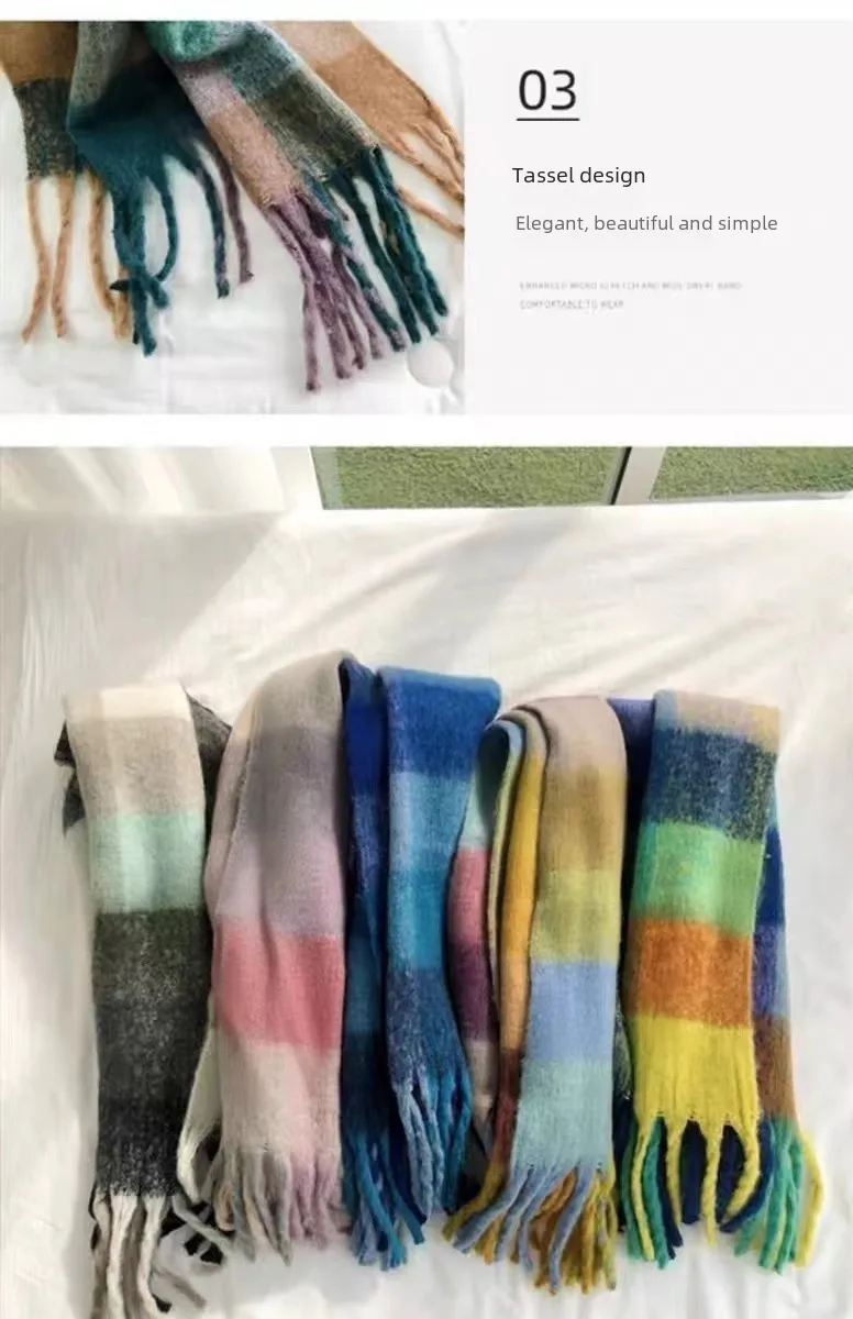 Rainbow Scarf Women's Winter Shawl Couple's Colorful Plaid Warm Thickened  Trendy Cute Girl Student display picture 8