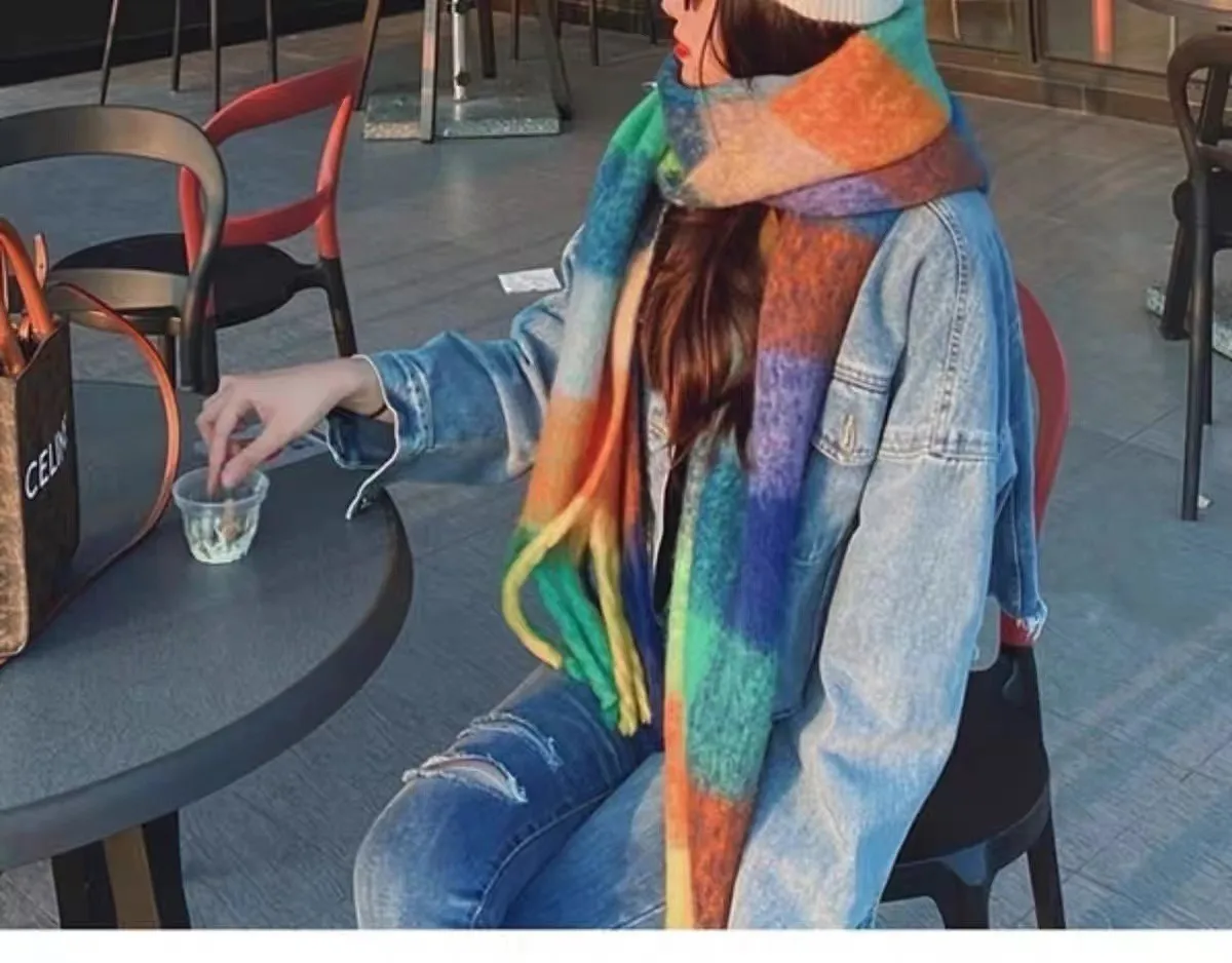 Rainbow Scarf Women's Winter Shawl Couple's Colorful Plaid Warm Thickened  Trendy Cute Girl Student display picture 14