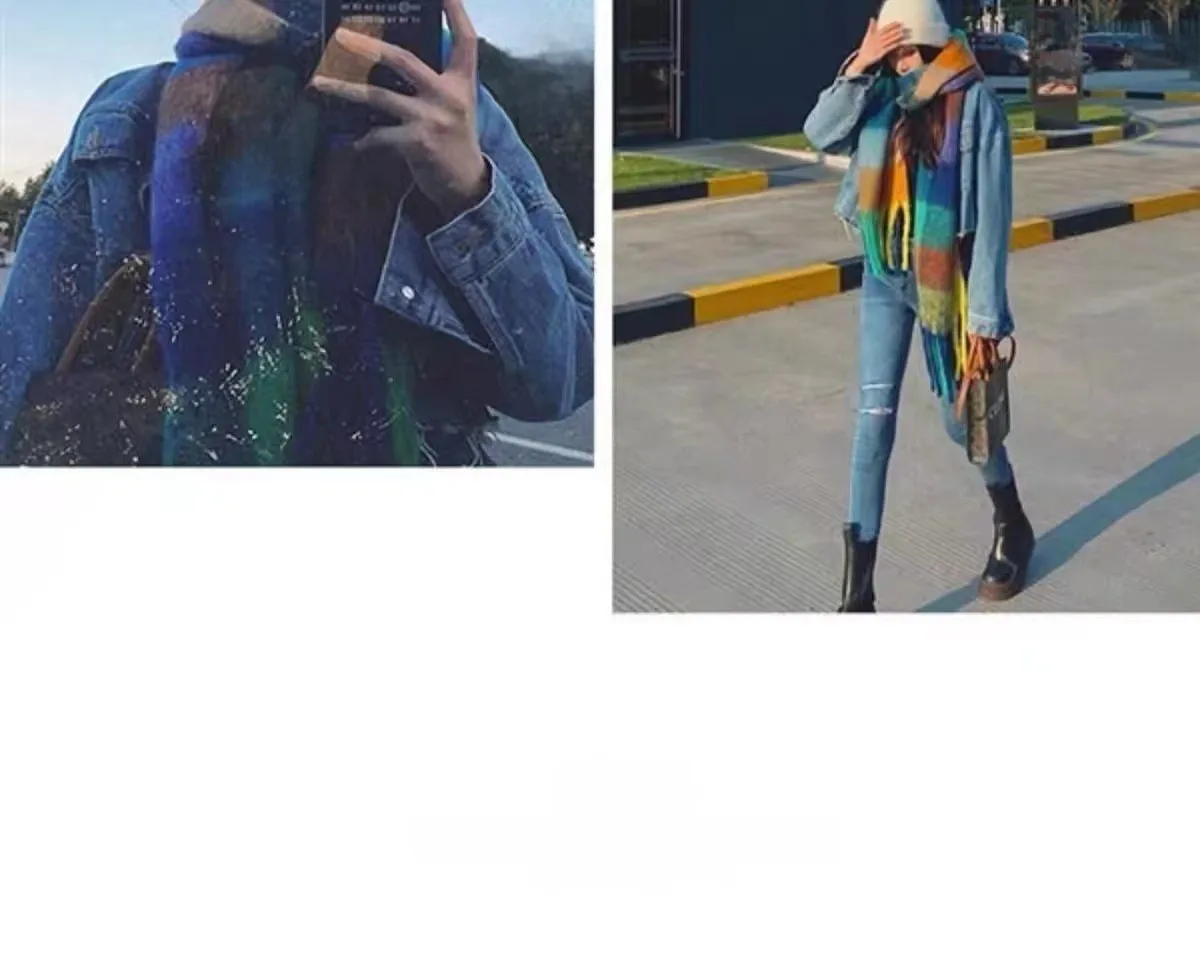 Rainbow Scarf Women's Winter Shawl Couple's Colorful Plaid Warm Thickened  Trendy Cute Girl Student display picture 15