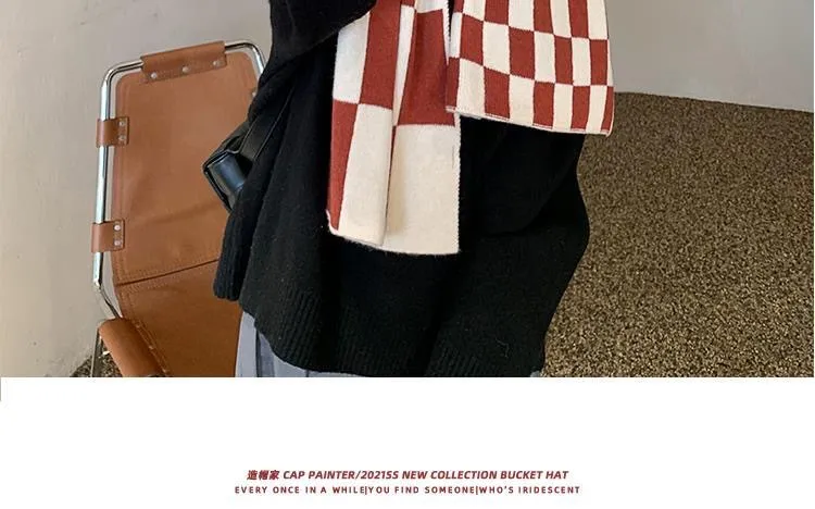 Scarf Women's Autumn And Winter Student's New Korean-style -style High-face Value Cute  Chessboard Warm Knitted Scarf display picture 8