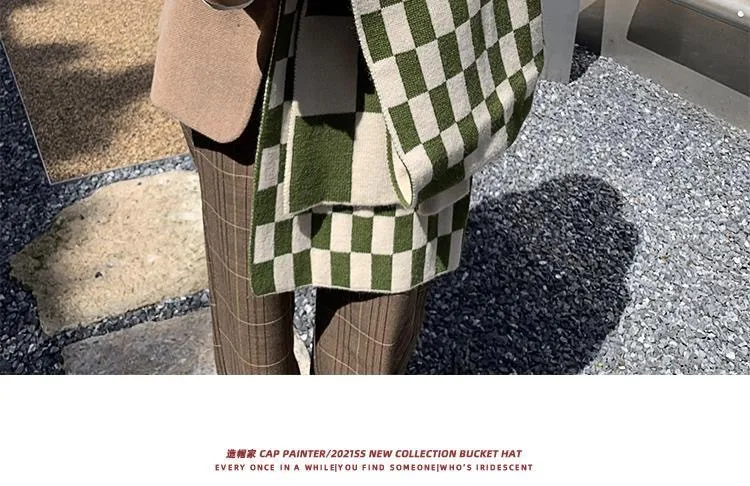 Scarf Women's Autumn And Winter Student's New Korean-style -style High-face Value Cute  Chessboard Warm Knitted Scarf display picture 14