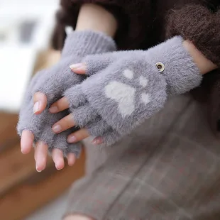 Winter Half Finger Flip Knitted Gloves Imitation Mink Velvet Warm Covered Cat Claw Gloves Women's New Gloves Wholesale display picture 3