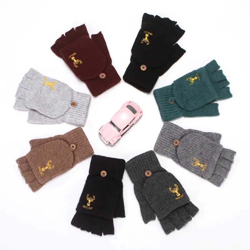 Flip Half Finger Gloves Embroidered Winter Cold-proof Warm Fleece-lined Thickened Warm Wool Knitted Jacquard Gloves For Couple display picture 1