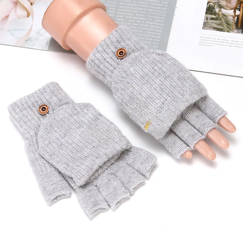 Flip Half Finger Gloves Embroidered Winter Cold-proof Warm Fleece-lined Thickened Warm Wool Knitted Jacquard Gloves For Couple display picture 3