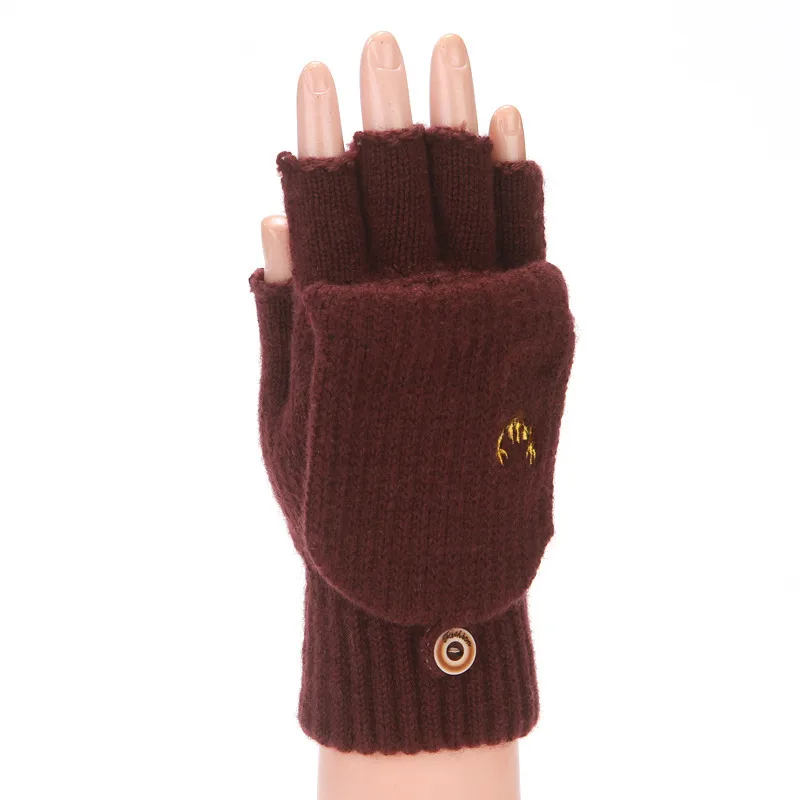 Flip Half Finger Gloves Embroidered Winter Cold-proof Warm Fleece-lined Thickened Warm Wool Knitted Jacquard Gloves For Couple display picture 8