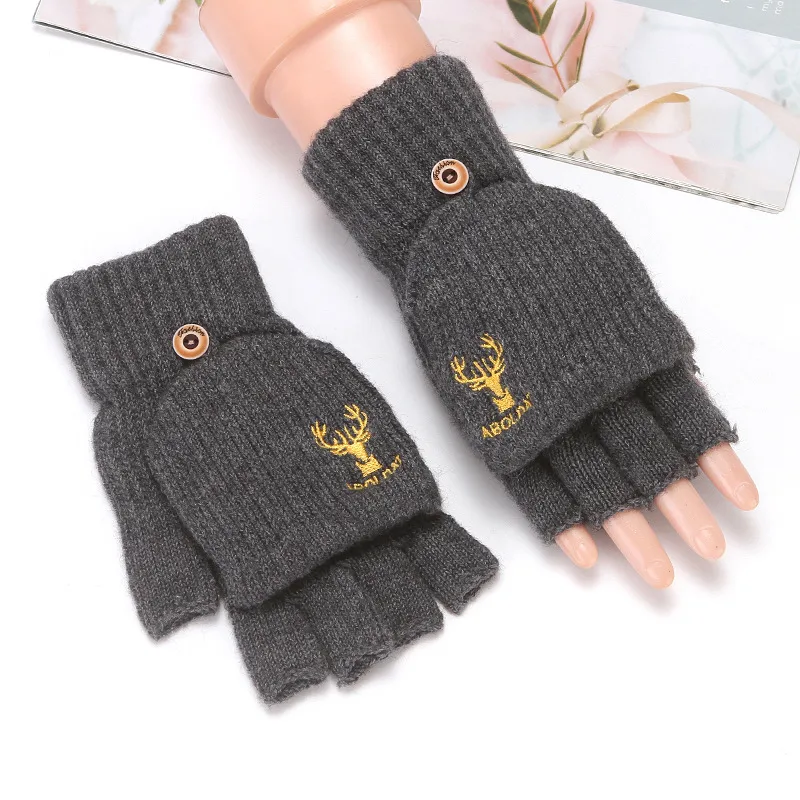 Flip Half Finger Gloves Embroidered Winter Cold-proof Warm Fleece-lined Thickened Warm Wool Knitted Jacquard Gloves For Couple display picture 10