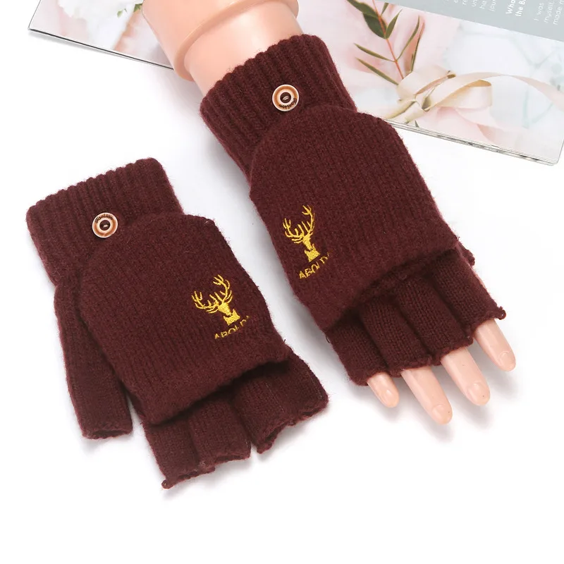 Flip Half Finger Gloves Embroidered Winter Cold-proof Warm Fleece-lined Thickened Warm Wool Knitted Jacquard Gloves For Couple display picture 11