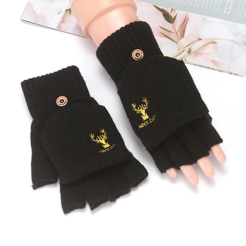 Flip Half Finger Gloves Embroidered Winter Cold-proof Warm Fleece-lined Thickened Warm Wool Knitted Jacquard Gloves For Couple display picture 12