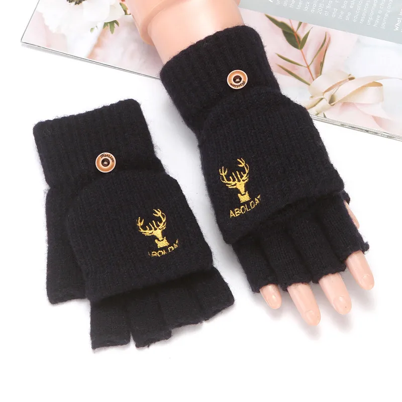 Flip Half Finger Gloves Embroidered Winter Cold-proof Warm Fleece-lined Thickened Warm Wool Knitted Jacquard Gloves For Couple display picture 13