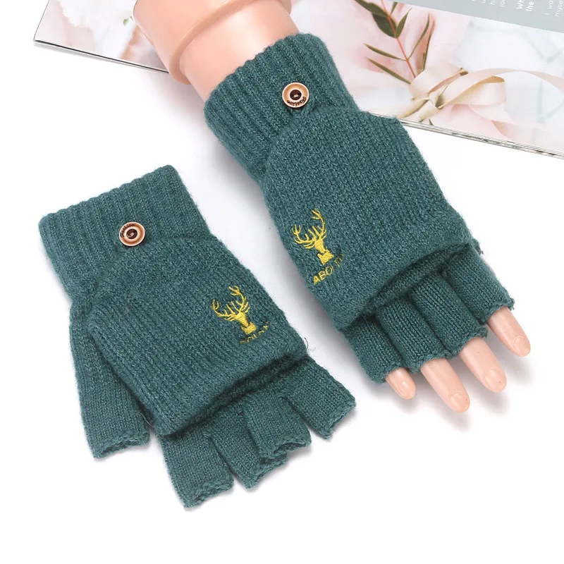 Flip Half Finger Gloves Embroidered Winter Cold-proof Warm Fleece-lined Thickened Warm Wool Knitted Jacquard Gloves For Couple display picture 14