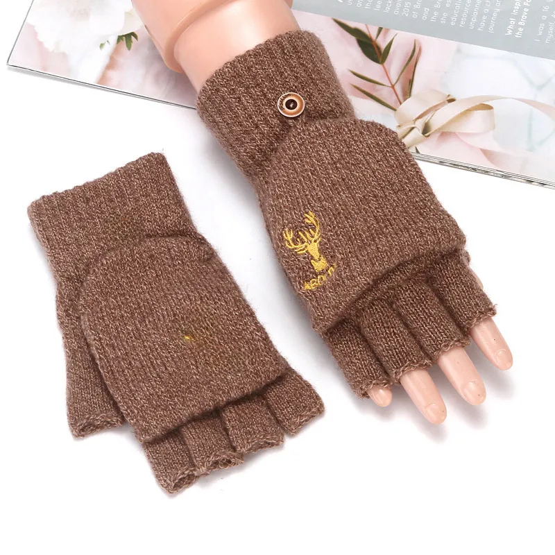 Flip Half Finger Gloves Embroidered Winter Cold-proof Warm Fleece-lined Thickened Warm Wool Knitted Jacquard Gloves For Couple display picture 15