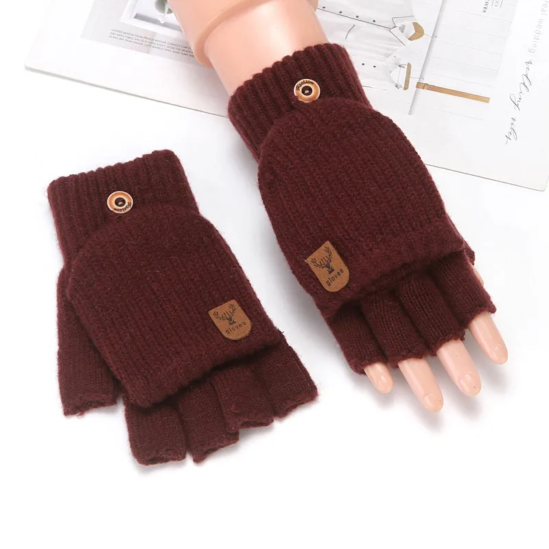 Flip Half Finger Gloves Embroidered Winter Cold-proof Warm Fleece-lined Thickened Warm Wool Knitted Jacquard Gloves For Couple display picture 16