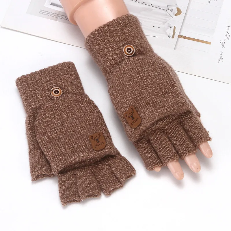 Flip Half Finger Gloves Embroidered Winter Cold-proof Warm Fleece-lined Thickened Warm Wool Knitted Jacquard Gloves For Couple display picture 17