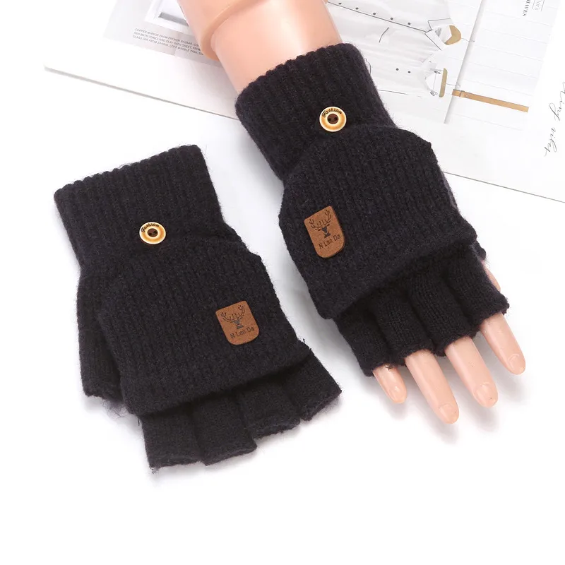 Flip Half Finger Gloves Embroidered Winter Cold-proof Warm Fleece-lined Thickened Warm Wool Knitted Jacquard Gloves For Couple display picture 19