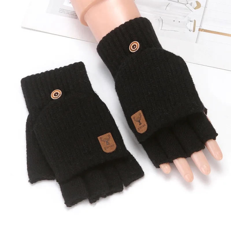 Flip Half Finger Gloves Embroidered Winter Cold-proof Warm Fleece-lined Thickened Warm Wool Knitted Jacquard Gloves For Couple display picture 21