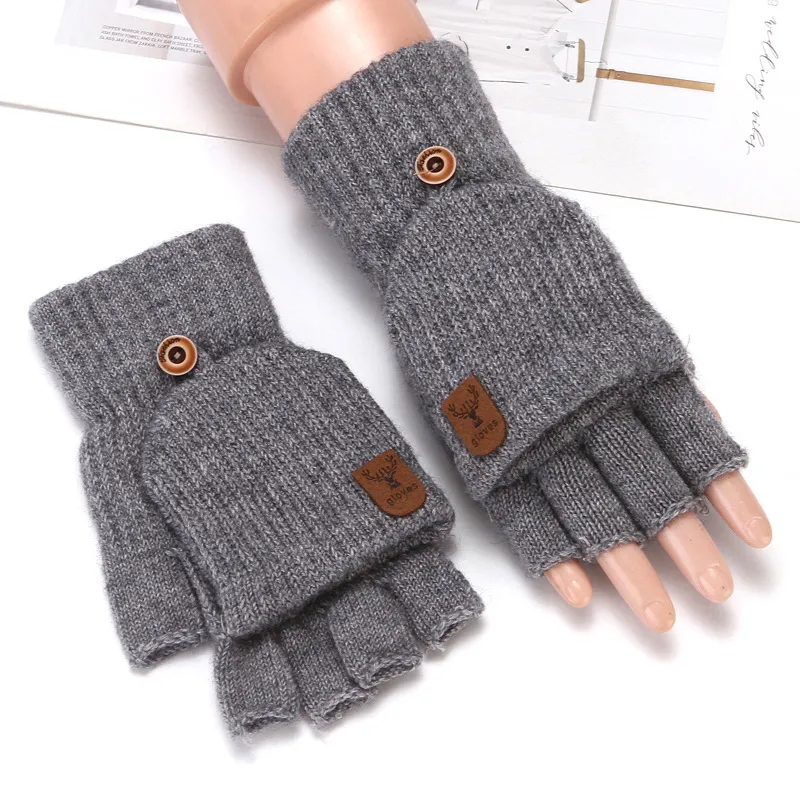 Flip Half Finger Gloves Embroidered Winter Cold-proof Warm Fleece-lined Thickened Warm Wool Knitted Jacquard Gloves For Couple display picture 22