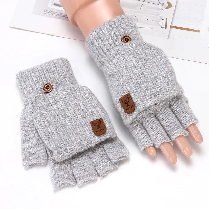 Flip Half Finger Gloves Embroidered Winter Cold-proof Warm Fleece-lined Thickened Warm Wool Knitted Jacquard Gloves For Couple display picture 23