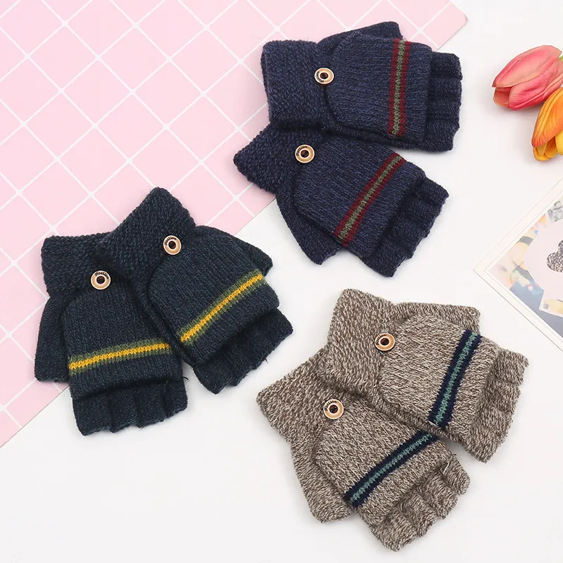 Korean Version Of The New Trend Men's Children's Striped Half Finger Flip Gloves Winter Travel Warm  Wholesale display picture 1