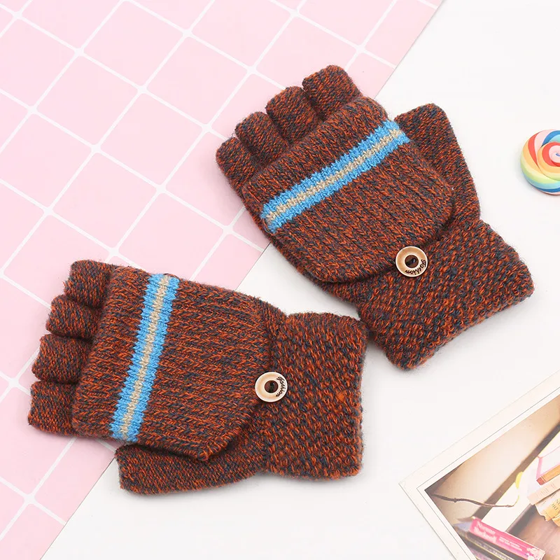 Korean Version Of The New Trend Men's Children's Striped Half Finger Flip Gloves Winter Travel Warm  Wholesale display picture 3