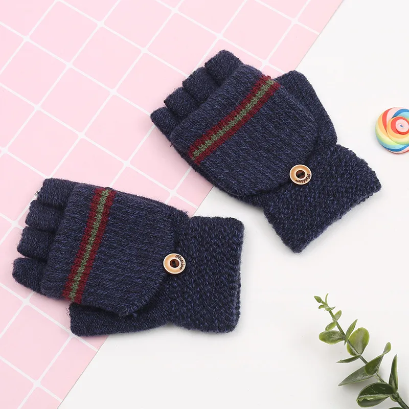 Korean Version Of The New Trend Men's Children's Striped Half Finger Flip Gloves Winter Travel Warm  Wholesale display picture 4
