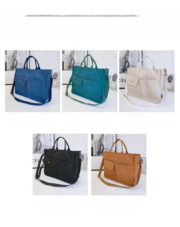 Japanese Style Original Design Commuter Thickened Corduroy Art College Student Handbag Computer Bag Shoulder Crossbody Bag display picture 1