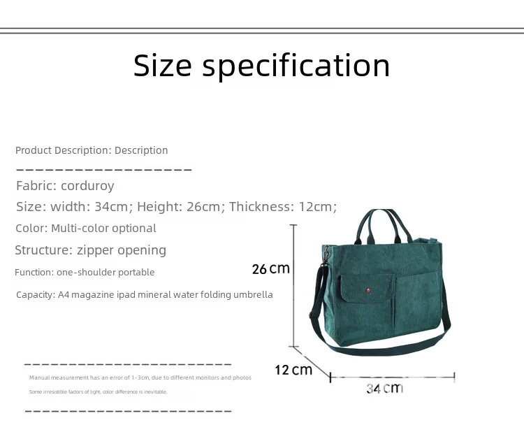 Japanese Style Original Design Commuter Thickened Corduroy Art College Student Handbag Computer Bag Shoulder Crossbody Bag display picture 2