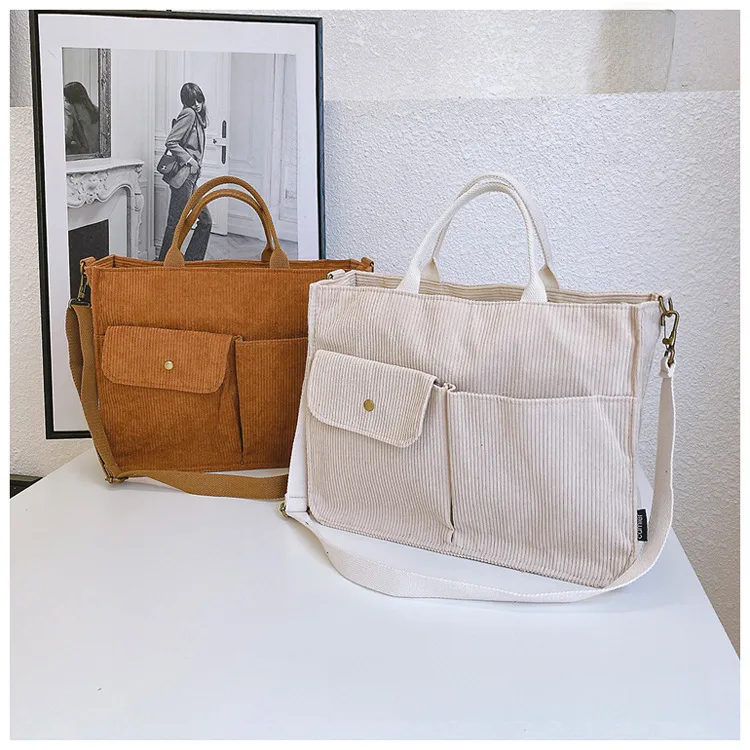 Japanese Style Original Design Commuter Thickened Corduroy Art College Student Handbag Computer Bag Shoulder Crossbody Bag display picture 11