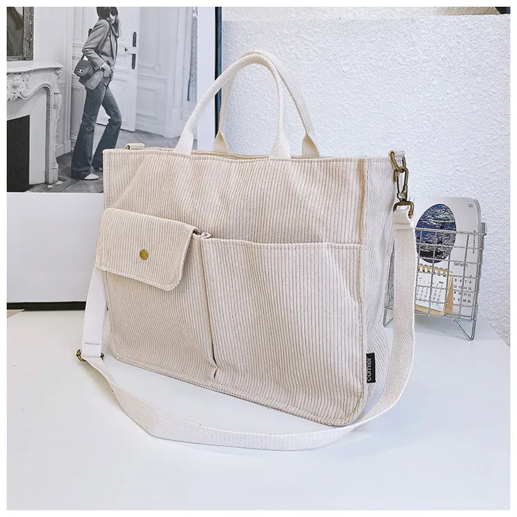 Japanese Style Original Design Commuter Thickened Corduroy Art College Student Handbag Computer Bag Shoulder Crossbody Bag display picture 15