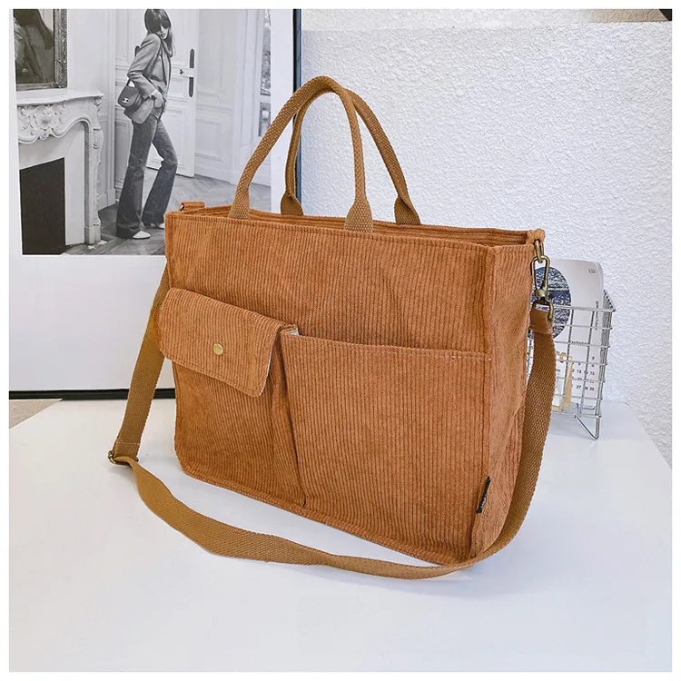 Japanese Style Original Design Commuter Thickened Corduroy Art College Student Handbag Computer Bag Shoulder Crossbody Bag display picture 16
