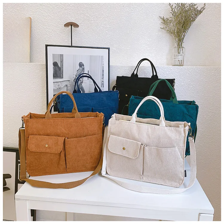 Japanese Style Original Design Commuter Thickened Corduroy Art College Student Handbag Computer Bag Shoulder Crossbody Bag display picture 17