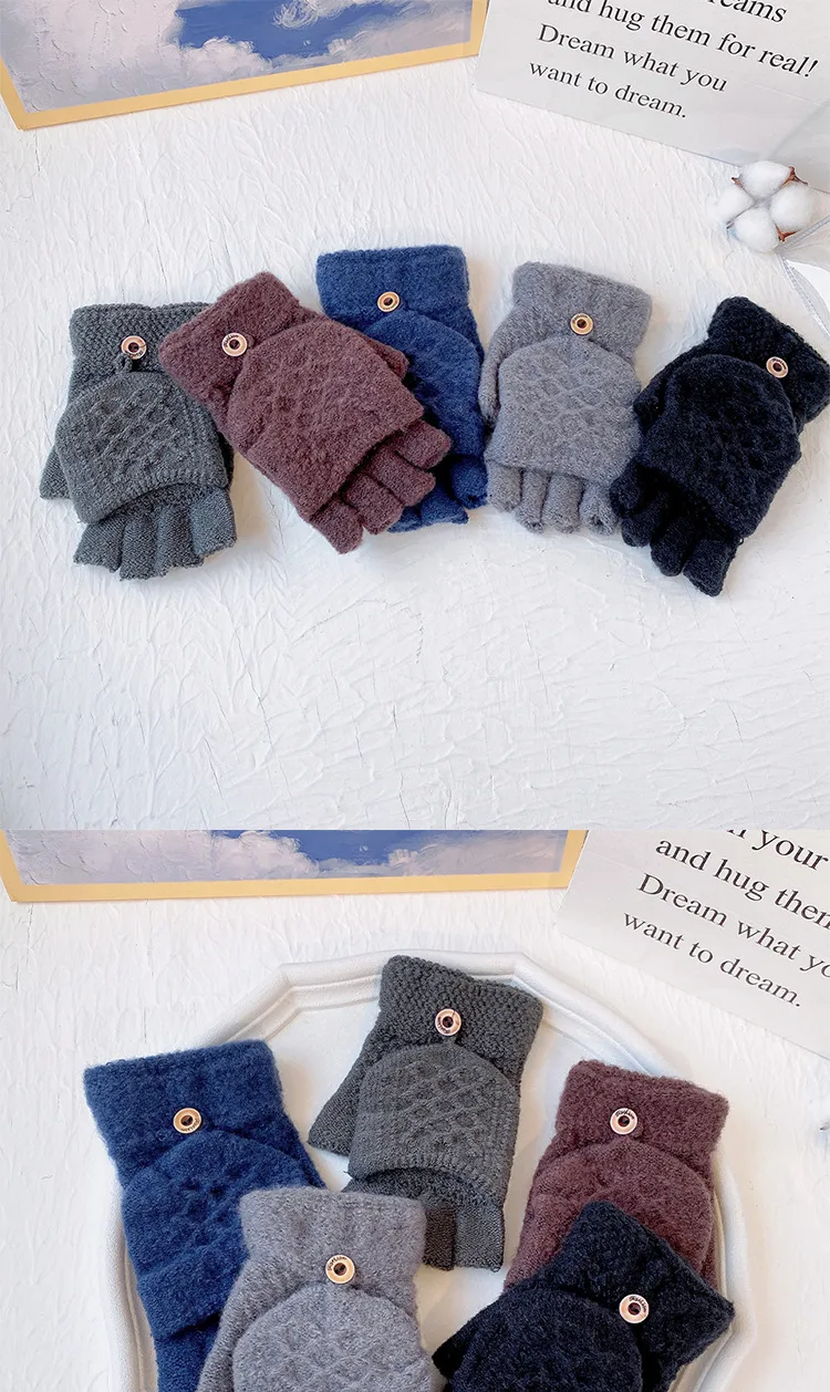 Korean Style Simple Adult Warm Gloves Men's Winter Knitted Fleece Pulled Half Finger Flip Riding Driving Business display picture 1