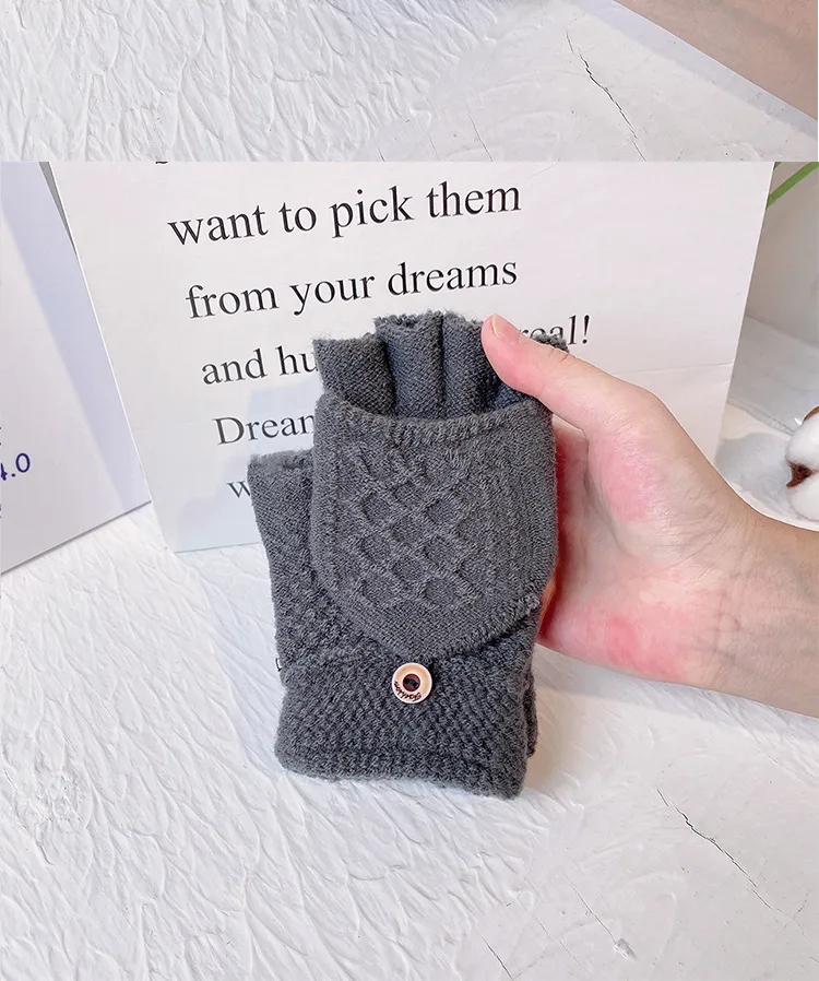 Korean Style Simple Adult Warm Gloves Men's Winter Knitted Fleece Pulled Half Finger Flip Riding Driving Business display picture 6