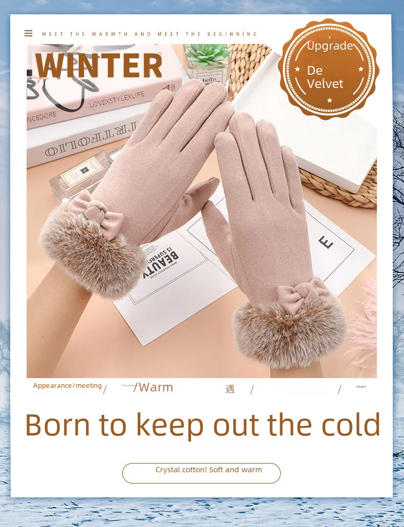 Wholesale And Retail German Velvet Gloves Korean Version Of Wool Mouth Thickened Warm Gloves Outdoor Riding Ladies Plus Velvet Gloves Wool Mouth display picture 1