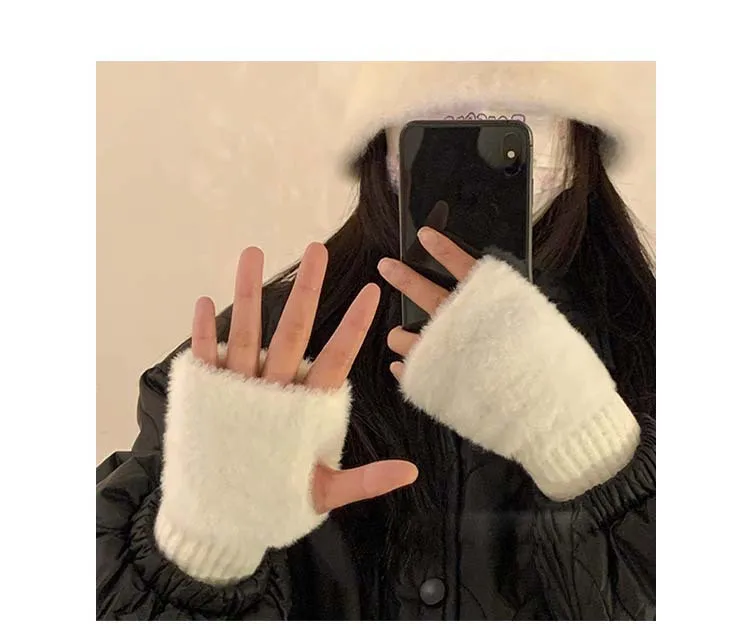 Warm Wool Half-Finger Gloves Women's Winter Plush Knitted Wrist Protection Finger Leakage  Touch Screen Office Student Writing display picture 1