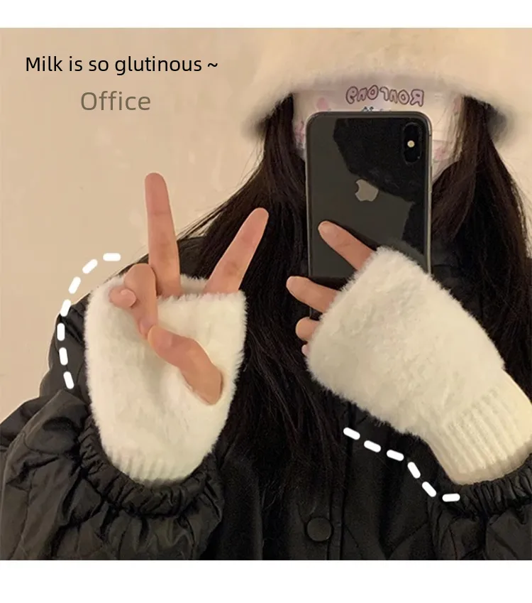 Warm Wool Half-Finger Gloves Women's Winter Plush Knitted Wrist Protection Finger Leakage  Touch Screen Office Student Writing display picture 5