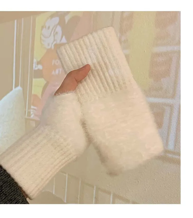 Warm Wool Half-Finger Gloves Women's Winter Plush Knitted Wrist Protection Finger Leakage  Touch Screen Office Student Writing display picture 6