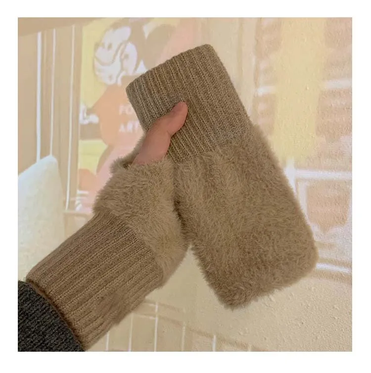 Warm Wool Half-Finger Gloves Women's Winter Plush Knitted Wrist Protection Finger Leakage  Touch Screen Office Student Writing display picture 9