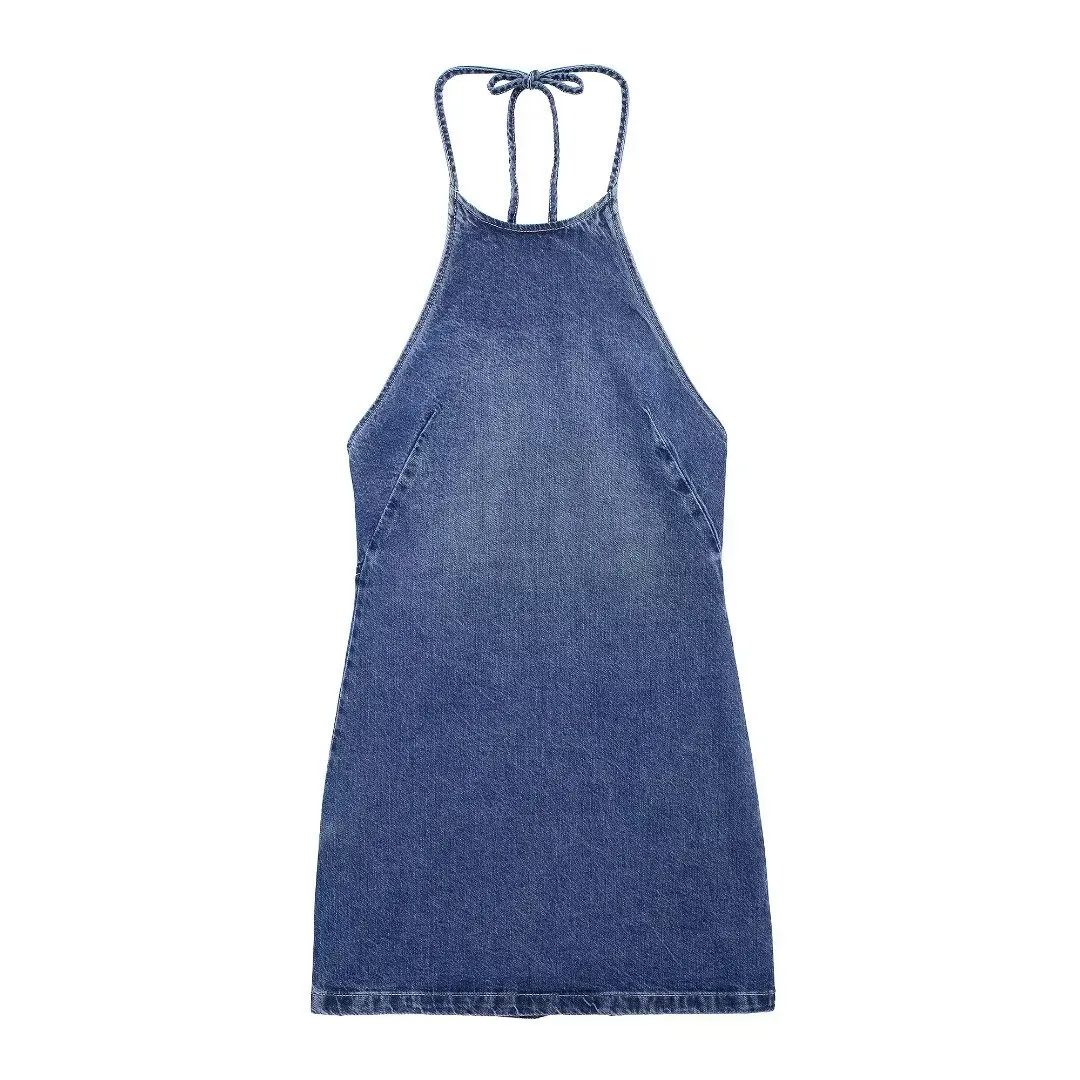 Women's Denim Dress Sexy Halter Neck Sleeveless Solid Color Above Knee Holiday display picture 1