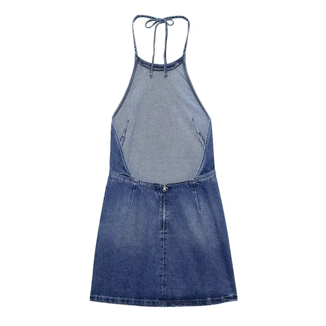 Women's Denim Dress Sexy Halter Neck Sleeveless Solid Color Above Knee Holiday display picture 2