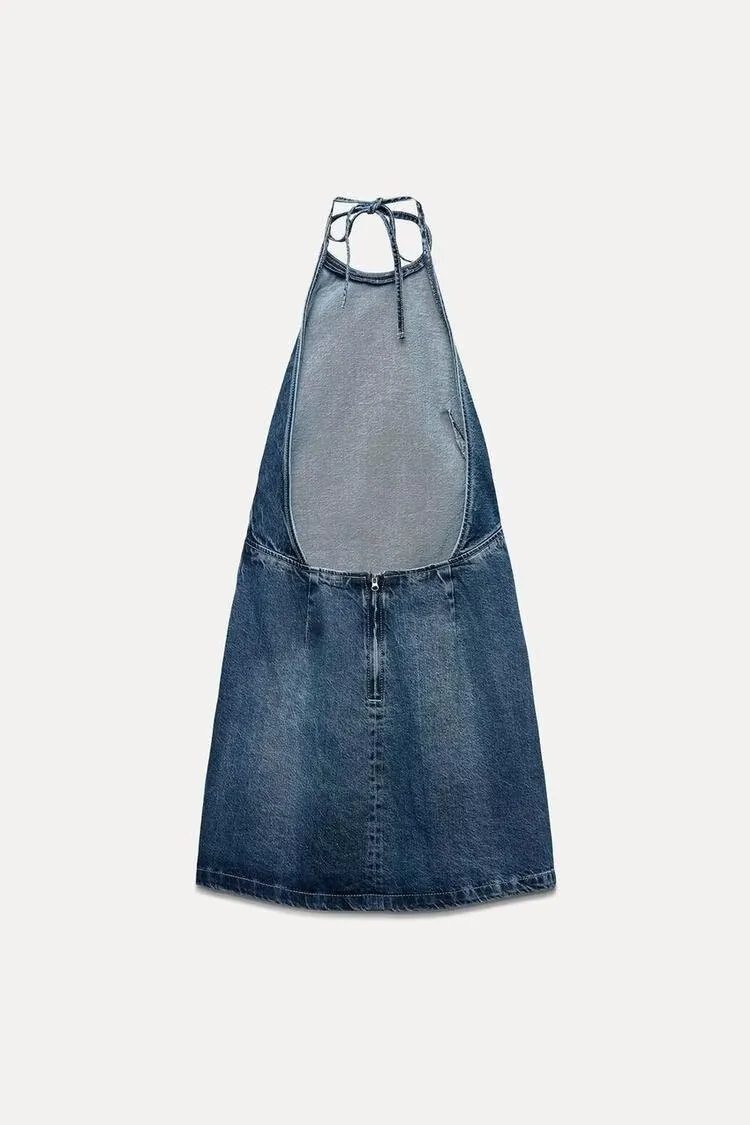 Women's Denim Dress Sexy Halter Neck Sleeveless Solid Color Above Knee Holiday display picture 3