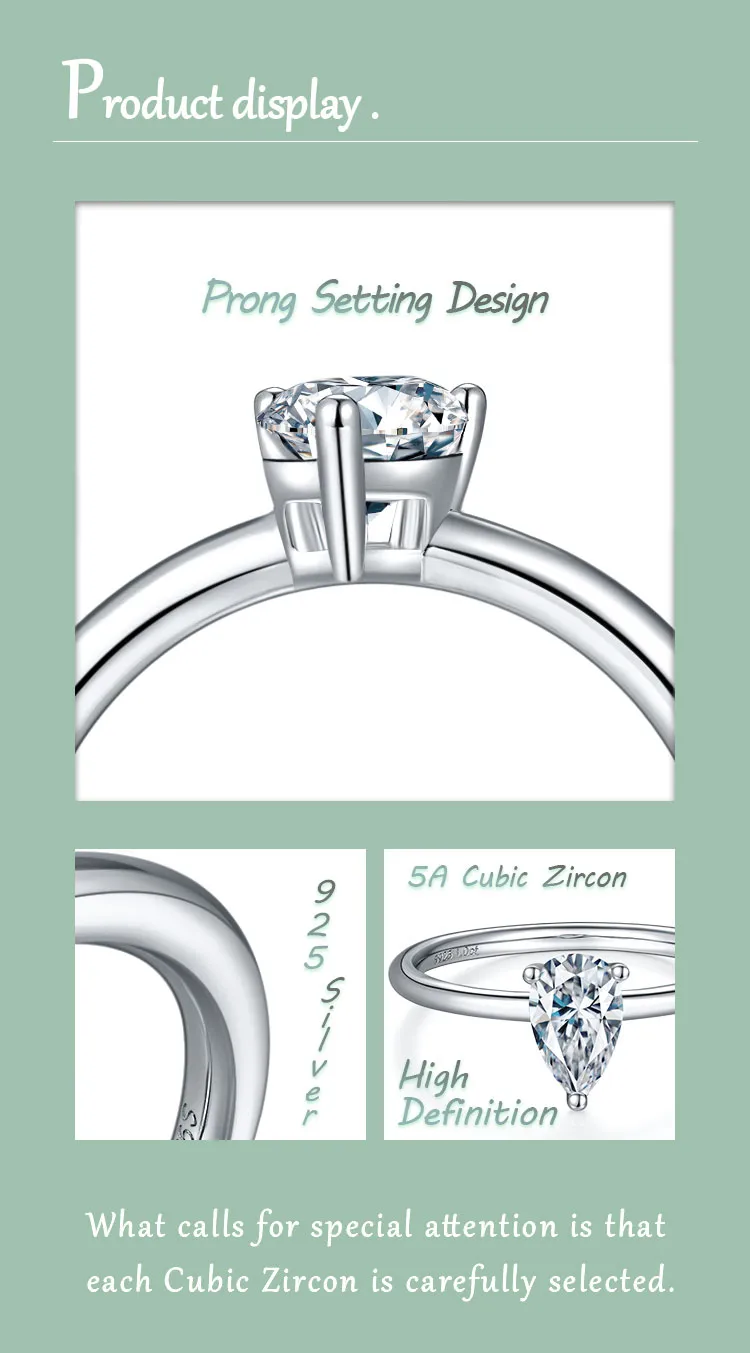 Rhodium Plated 925 Sterling Silver Zircon Water Droplets Rings display picture 3