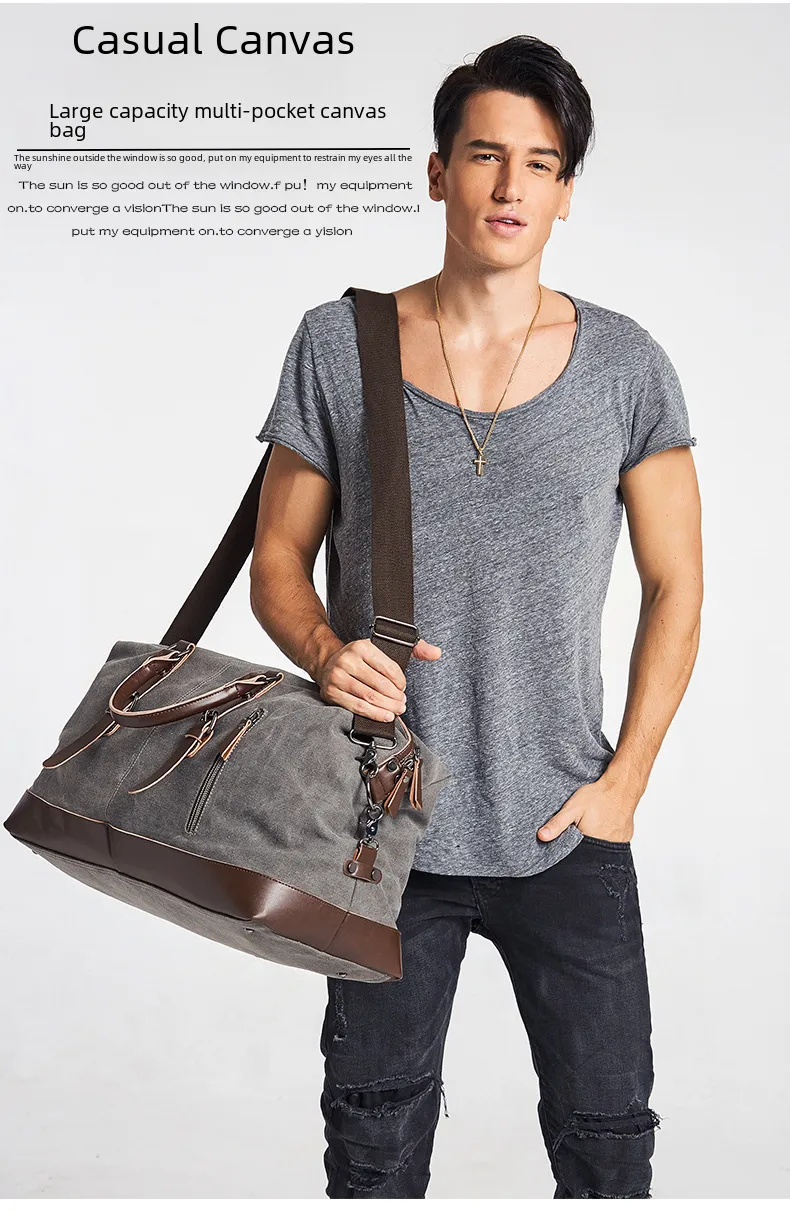 Canvas Travel Bag Men's Imitation Leather PU Outdoor Luggage Travel Fitness Photography Bag Large Capacity Handbag display picture 2