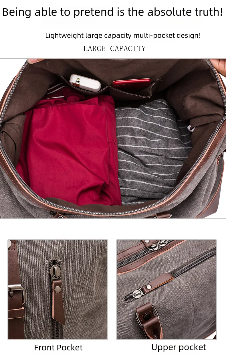 Canvas Travel Bag Men's Imitation Leather PU Outdoor Luggage Travel Fitness Photography Bag Large Capacity Handbag display picture 5