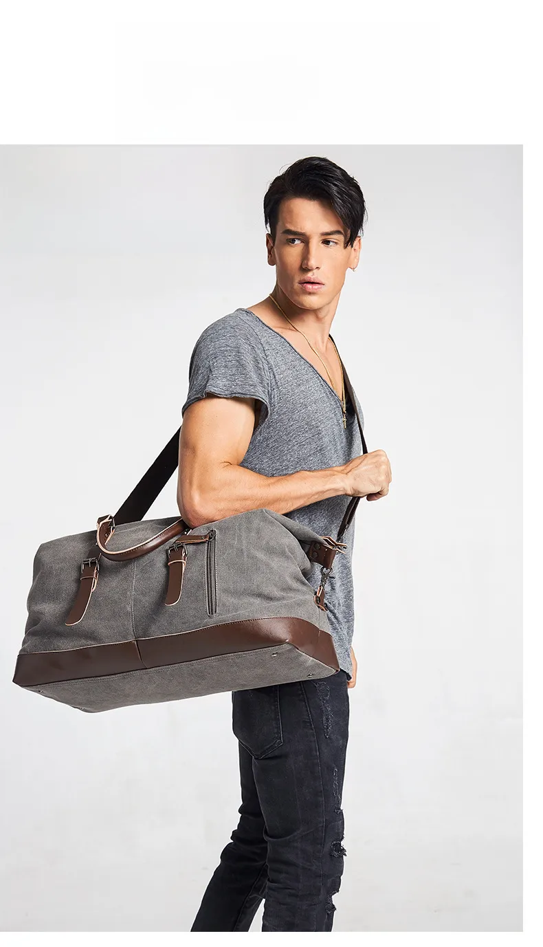 Canvas Travel Bag Men's Imitation Leather PU Outdoor Luggage Travel Fitness Photography Bag Large Capacity Handbag display picture 7