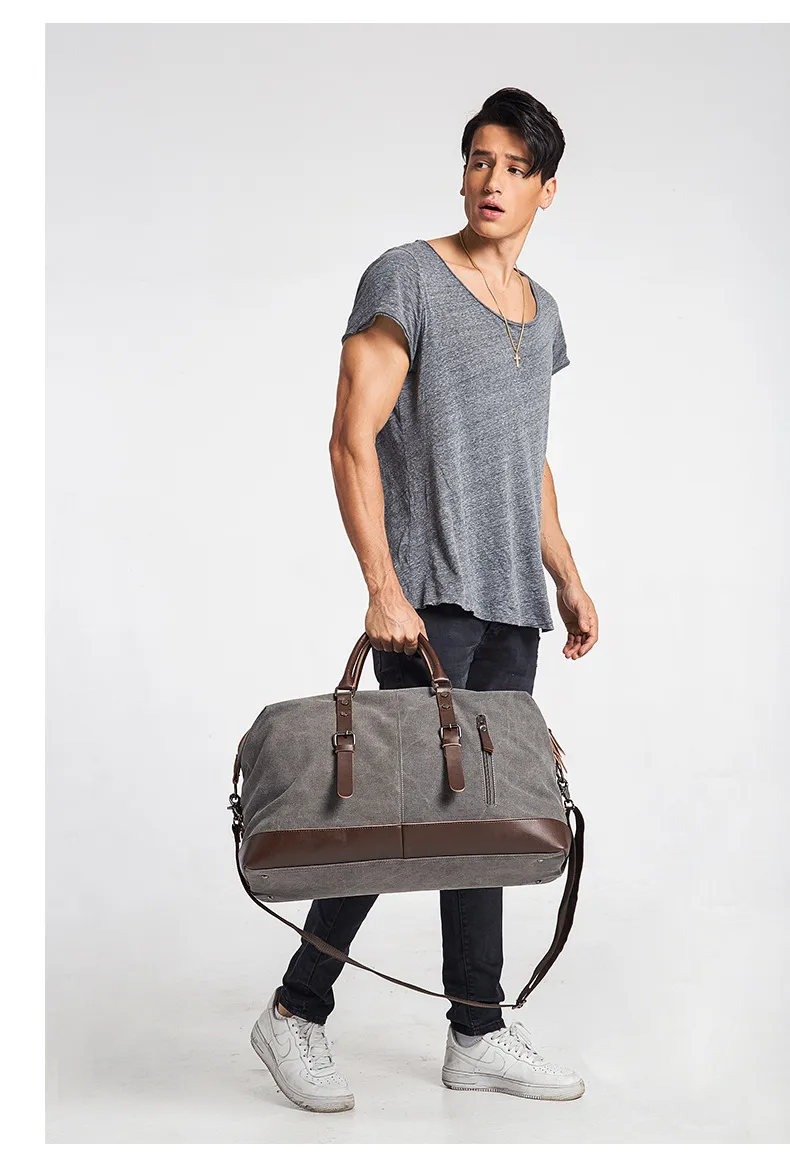 Canvas Travel Bag Men's Imitation Leather PU Outdoor Luggage Travel Fitness Photography Bag Large Capacity Handbag display picture 8