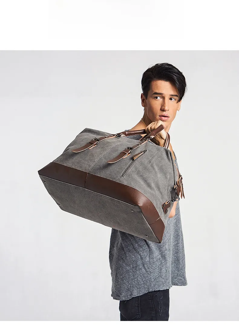 Canvas Travel Bag Men's Imitation Leather PU Outdoor Luggage Travel Fitness Photography Bag Large Capacity Handbag display picture 9