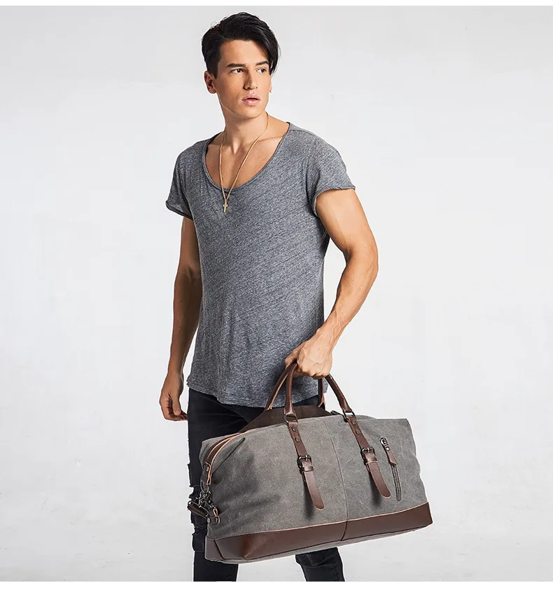 Canvas Travel Bag Men's Imitation Leather PU Outdoor Luggage Travel Fitness Photography Bag Large Capacity Handbag display picture 10