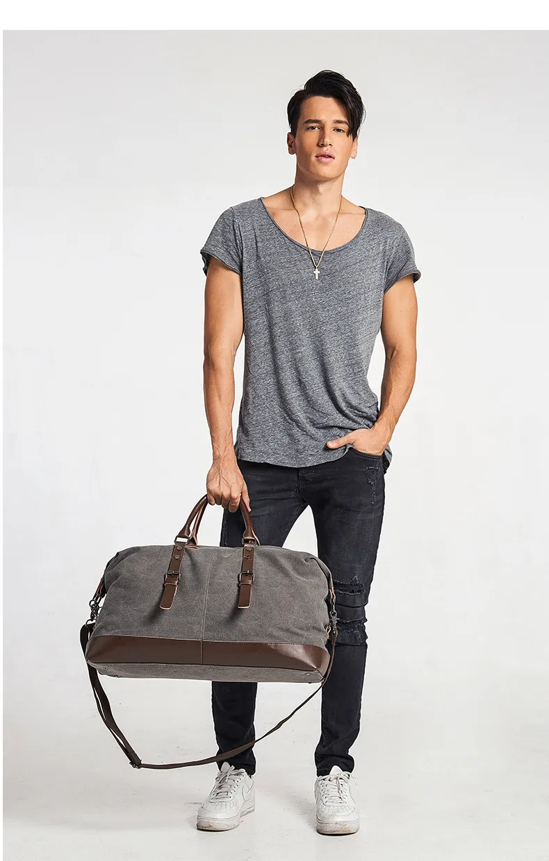 Canvas Travel Bag Men's Imitation Leather PU Outdoor Luggage Travel Fitness Photography Bag Large Capacity Handbag display picture 11